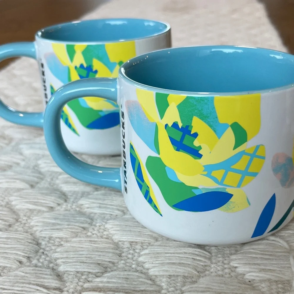 NWOT Starbucks Mug and with Blue and Yellow Floral Design - set of two